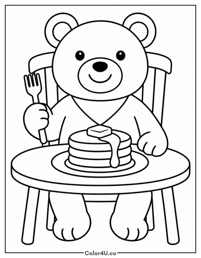 Bear eating a stack of pancakes at a table, easy animal coloring page, free printable