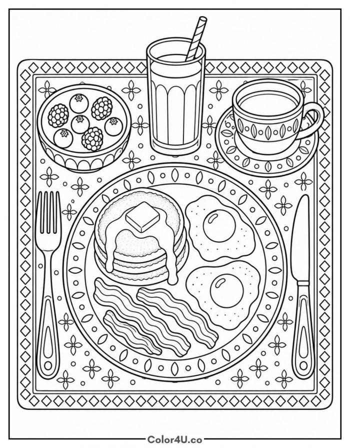 Full pancake breakfast with eggs and bacon, detailed food coloring page, free printable
