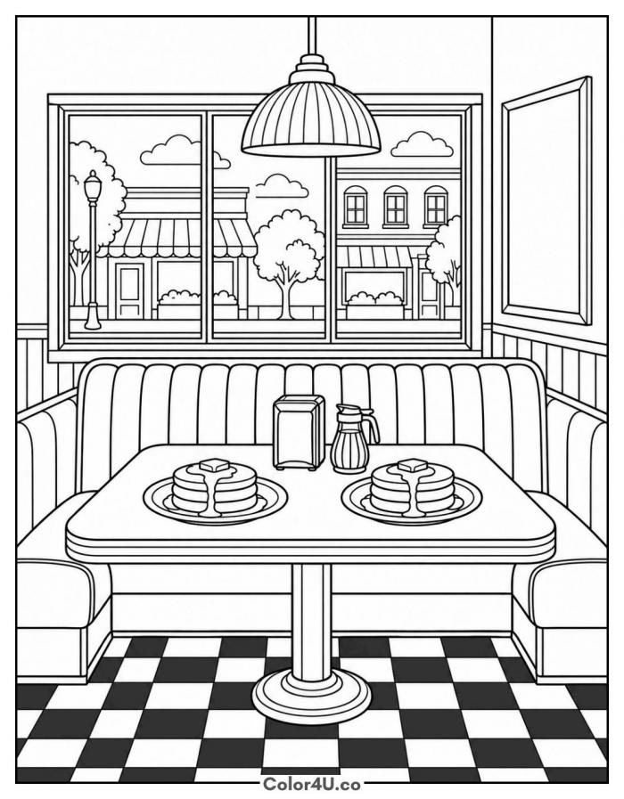 Pancakes in a retro diner booth, detailed food coloring page, free printable