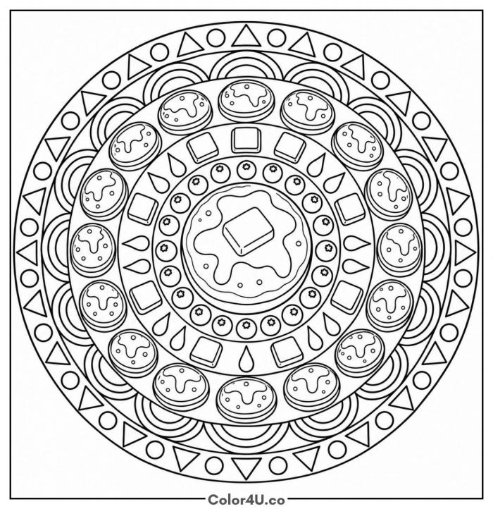 Pancake mandala with butter and berries, detailed food coloring page, free printable