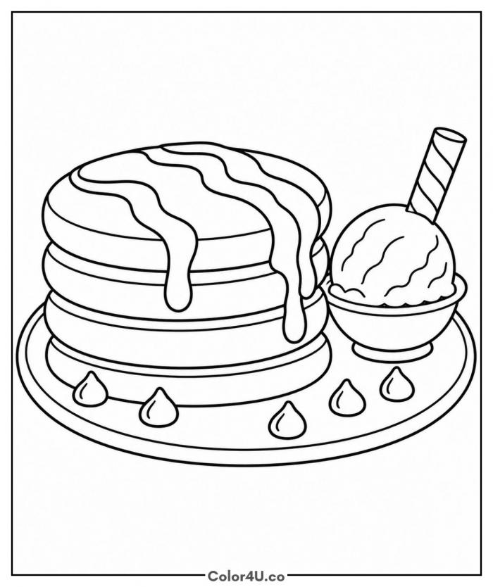 Chocolate drizzle pancakes with ice cream, easy food coloring page, free printable