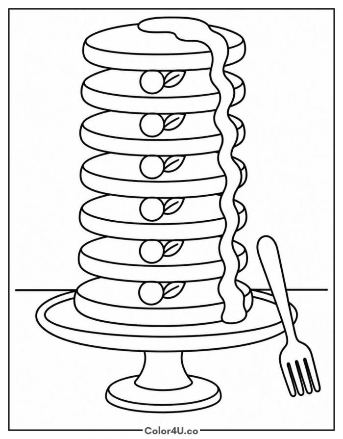 Tall tower of mini pancakes on a cake stand, easy food coloring page, free printable