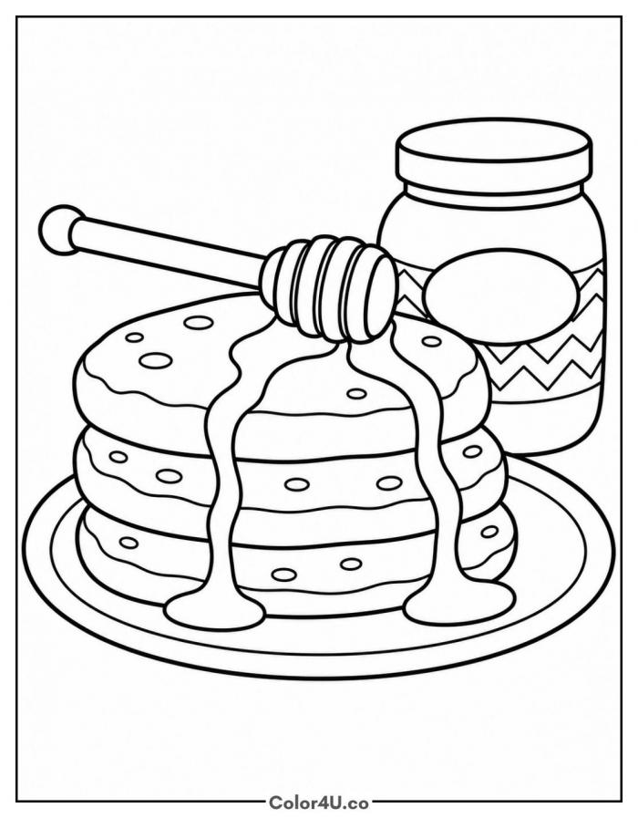 Pancakes with honey dipper and honey jar, easy food coloring page, free printable