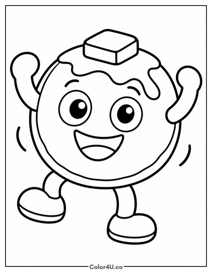 Dancing pancake character with butter, easy food coloring page, free printable