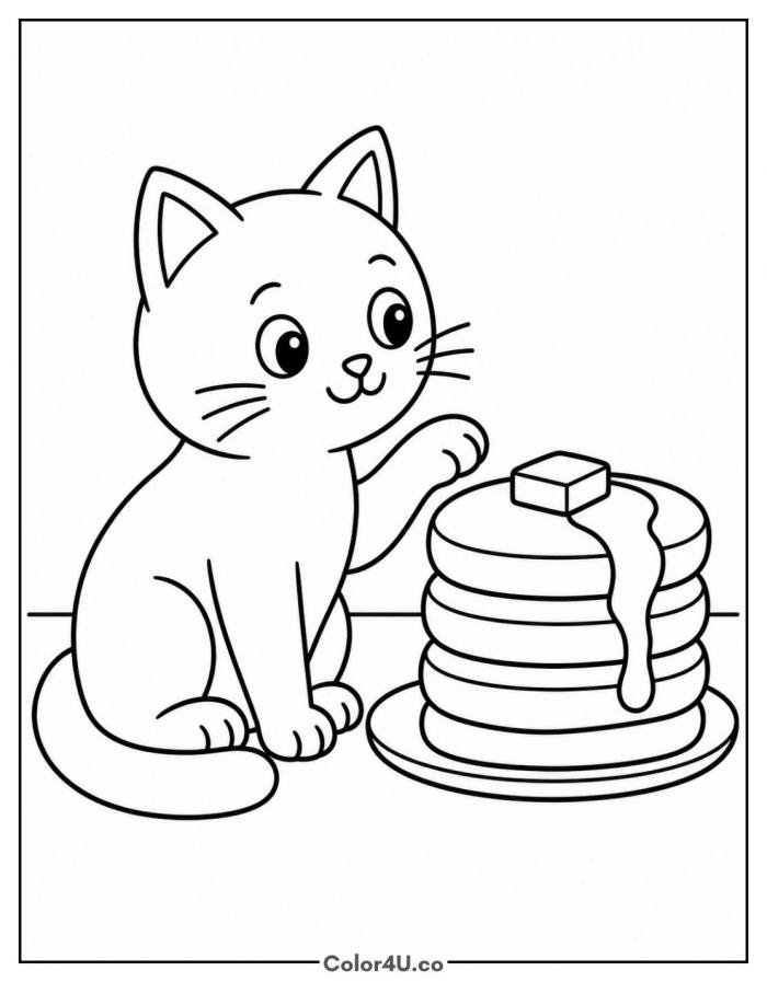 Cat reaching for a stack of pancakes, easy animal coloring page, free printable