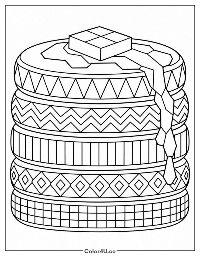 Geometric pattern pancake stack, detailed food coloring page, free printable