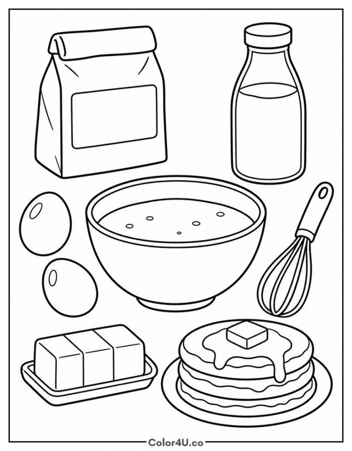 Pancake ingredients with bowl and whisk, easy food coloring page, free printable