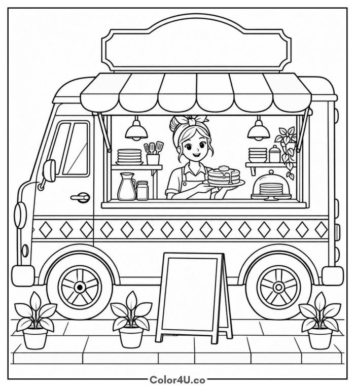 Pancake food truck with smiling cook, detailed food coloring page, free printable