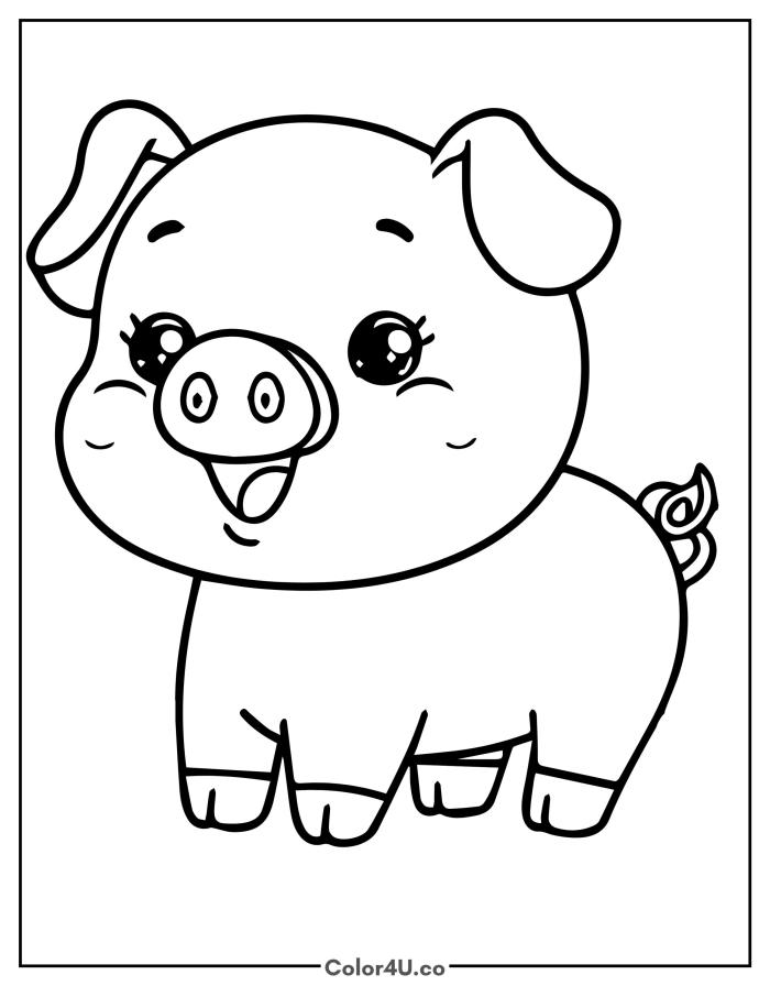 A happy cartoon pig sticking out its tongue, easy farm animals coloring page, free printable