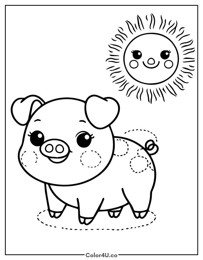 A happy cartoon pig with dashed circles and a smiling sun, medium farm animals coloring page, free printable