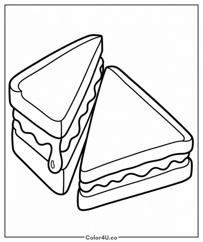 Peanut butter and jelly sandwich halves, easy sandwich coloring page, free printable