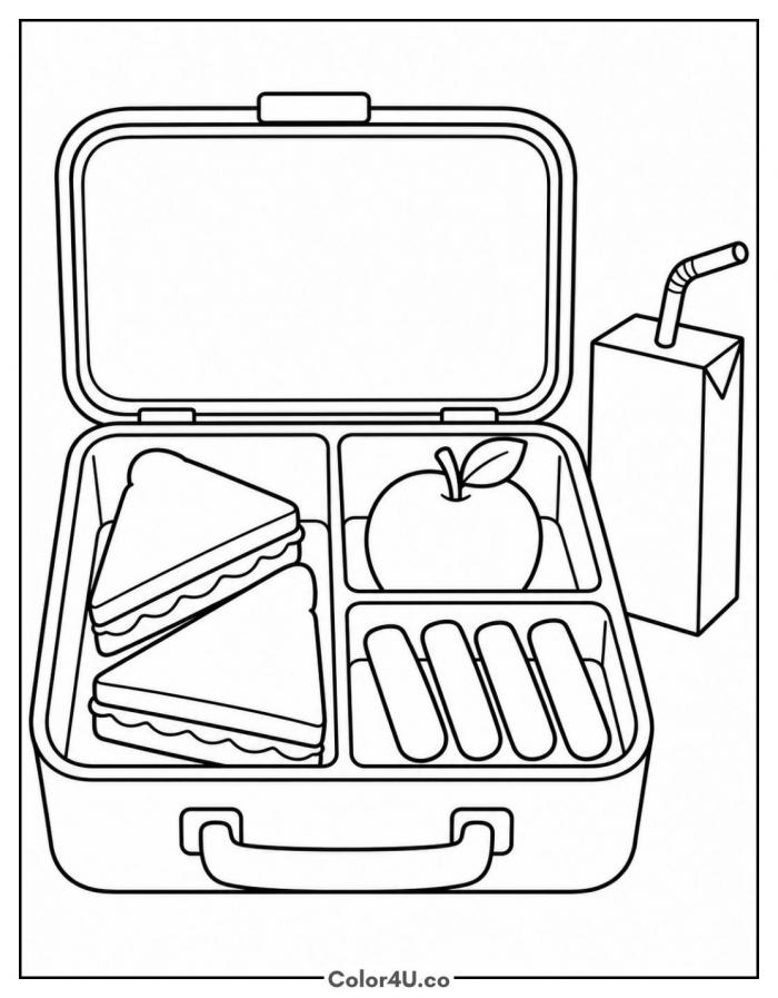 Open lunchbox with sandwich, apple, and juice box, easy sandwich coloring page, free printable