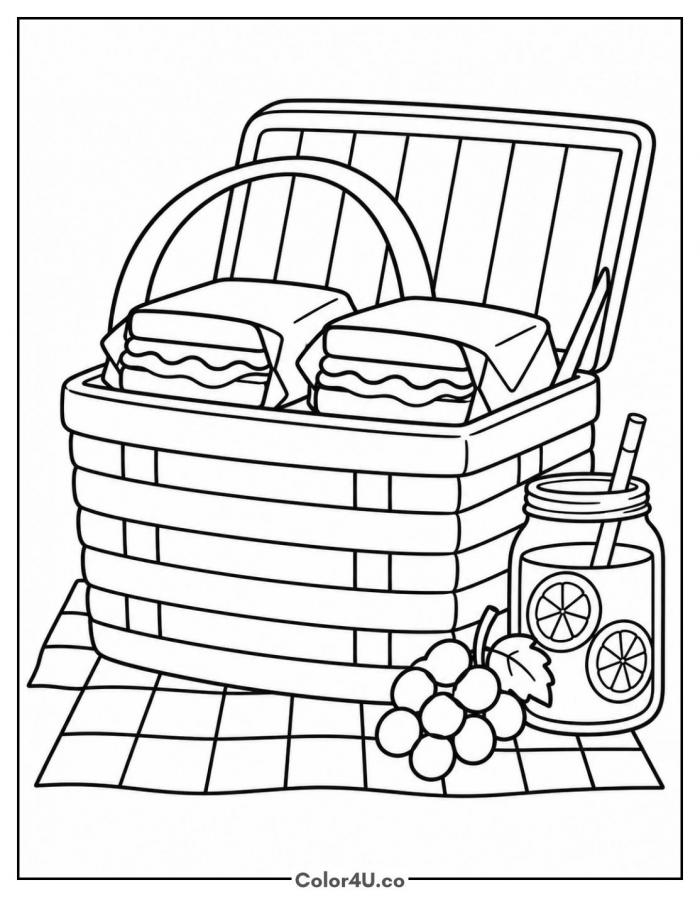 Picnic basket with wrapped sandwiches, grapes, and lemonade, medium sandwich coloring page, free printable