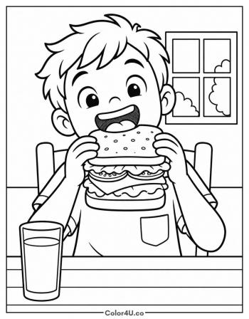 Kid Taking a Big Sandwich Bite coloring page