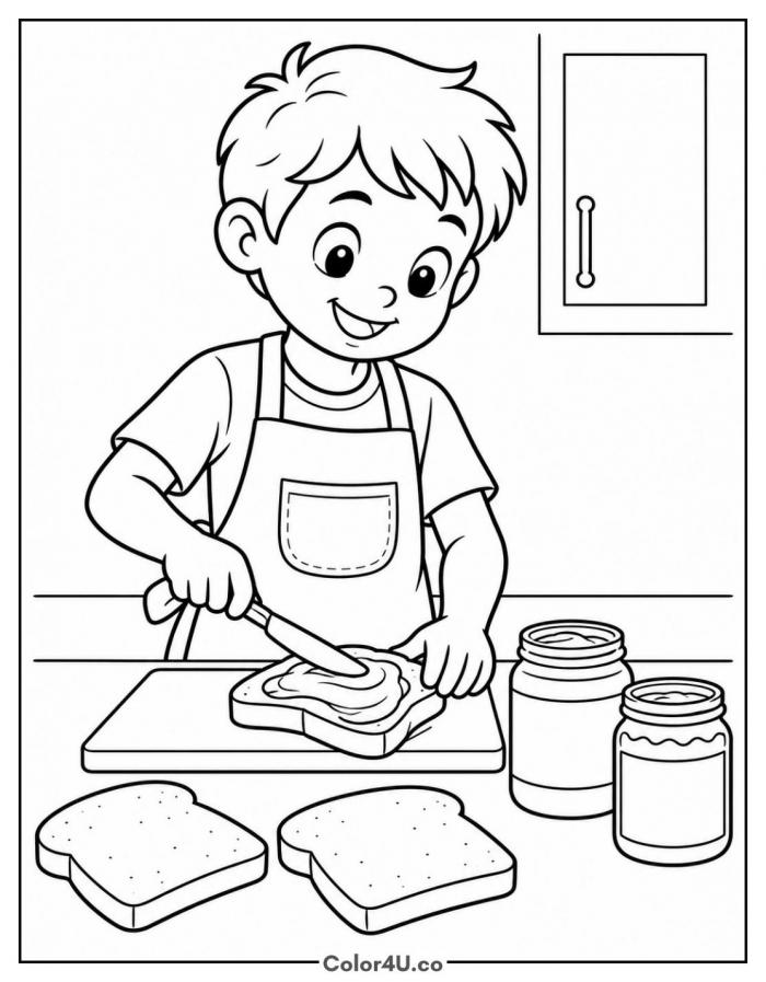 Boy spreading filling on bread in the kitchen, medium sandwich coloring page, free printable