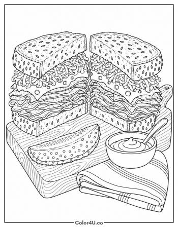 Deli Sandwich on a Cutting Board coloring page
