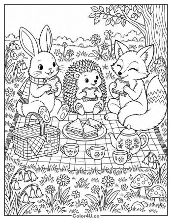 Woodland Animals Sandwich Picnic coloring page