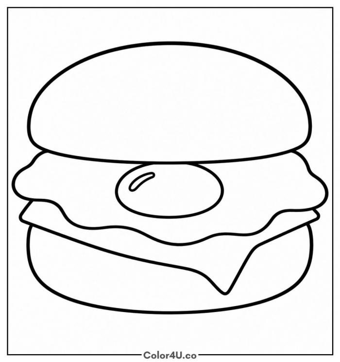 Fried egg breakfast sandwich on a bun, easy sandwich coloring page, free printable