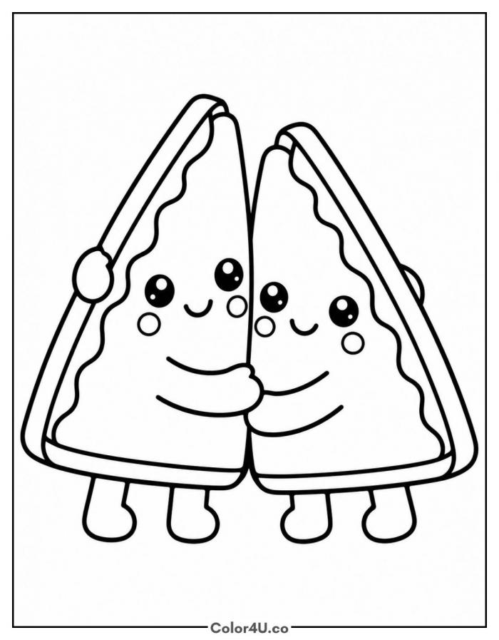 Two kawaii sandwich halves hugging, easy sandwich coloring page, free printable