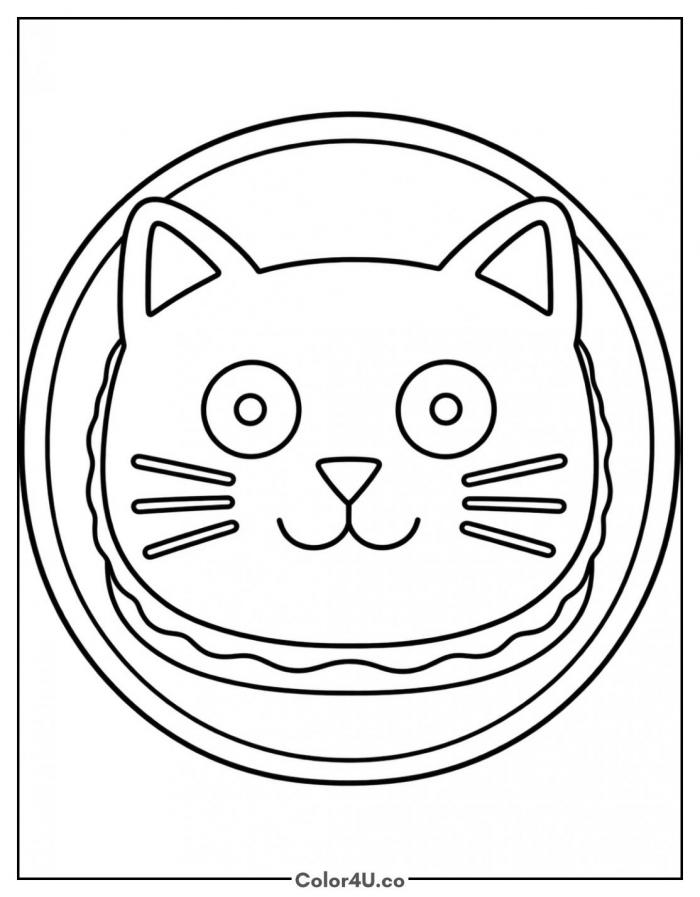 Cat face shaped sandwich on a plate, easy sandwich coloring page, free printable