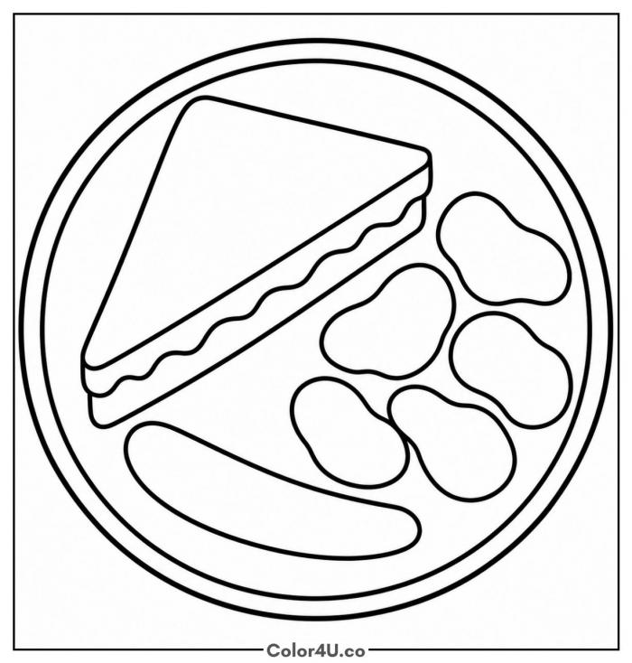 Sandwich triangle with chips and pickle on a plate, easy sandwich coloring page, free printable