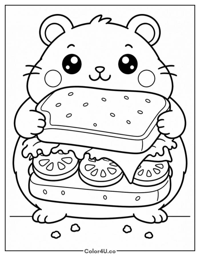 Kawaii hamster hugging a giant sandwich, medium sandwich coloring page, free printable