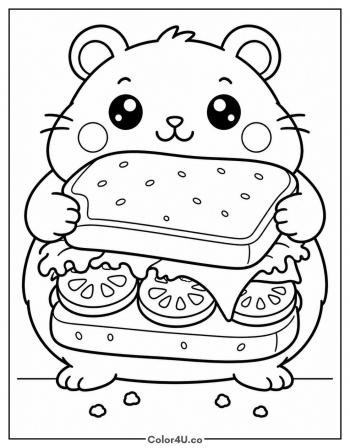 Hamster Hugging a Giant Sandwich coloring page
