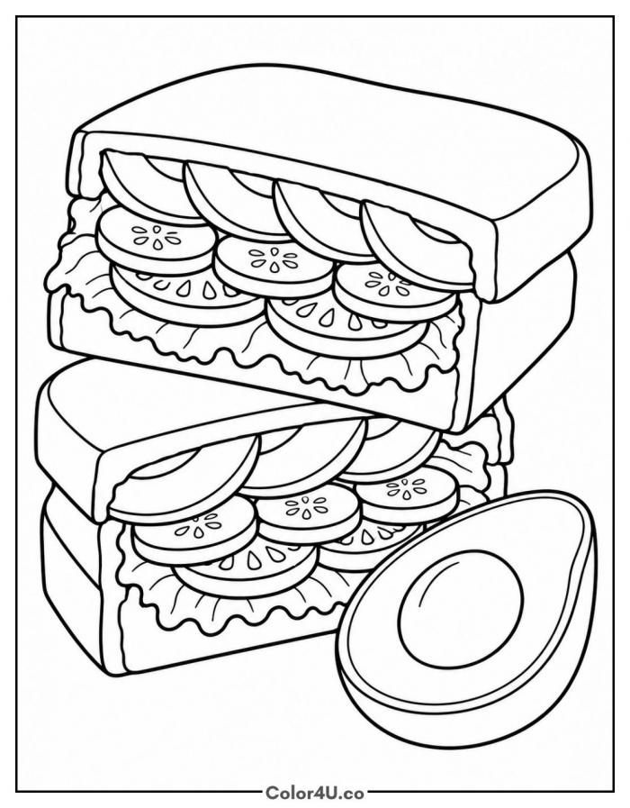 Avocado veggie sandwich halves with cut avocado, medium sandwich coloring page, free printable