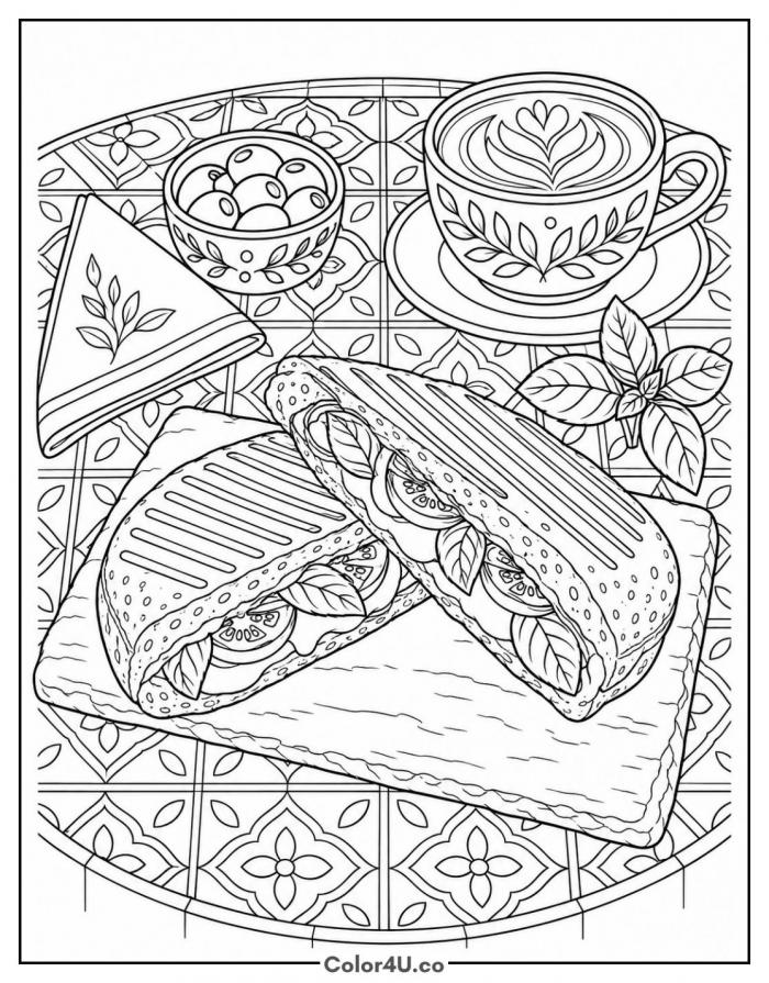 Pressed panini with tomato and basil at a cafe table, detailed sandwich coloring page, free printable