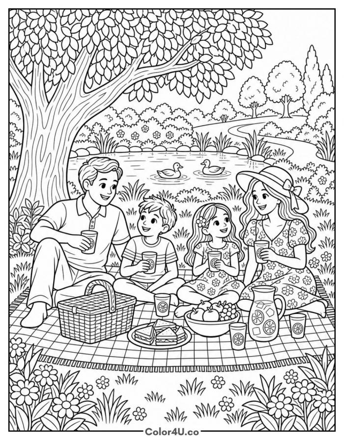 Family picnic with sandwiches by a duck pond, detailed sandwich coloring page, free printable