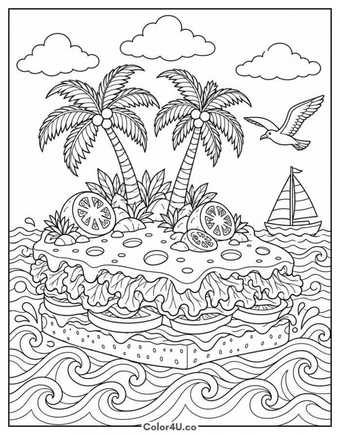 Sandwich island with palm trees in the ocean, detailed sandwich coloring page, free printable