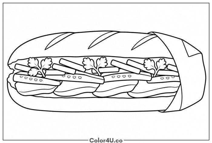 Vietnamese banh mi baguette sandwich, easy sandwich coloring page, free printable