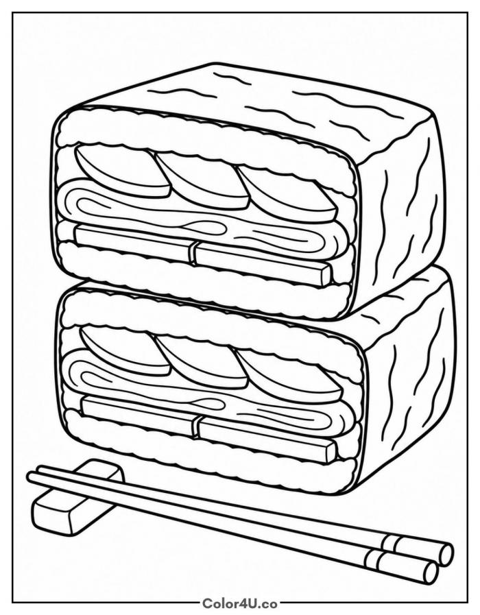 Onigirazu sushi sandwiches with chopsticks, easy sandwich coloring page, free printable