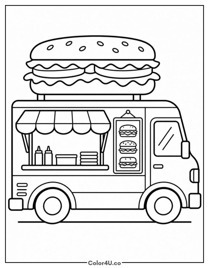 Sandwich food truck with a giant sandwich sign, medium sandwich coloring page, free printable