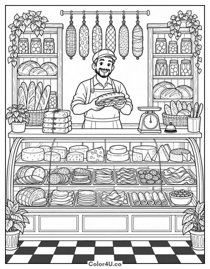 Deli counter with cheeses, meats, and a smiling server, detailed sandwich coloring page, free printable