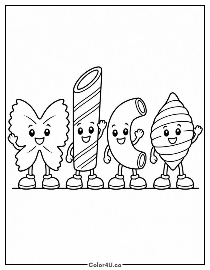 Four smiling pasta shape characters waving, medium pasta coloring page, free printable