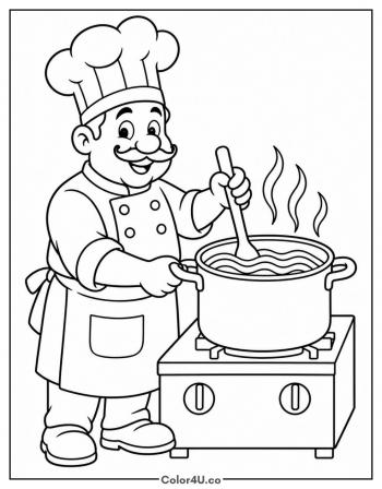 Chef Stirring a Pot of Spaghetti coloring page