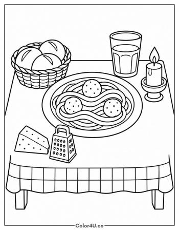 Spaghetti Dinner on the Table coloring page
