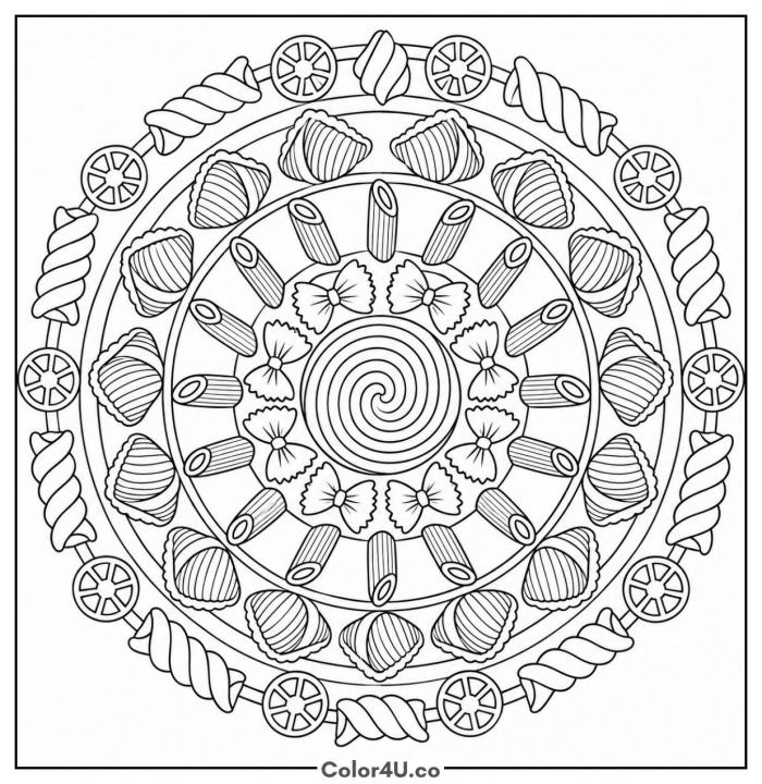 Pasta shapes mandala with bowties, shells, and wheels, detailed pasta coloring page, free printable
