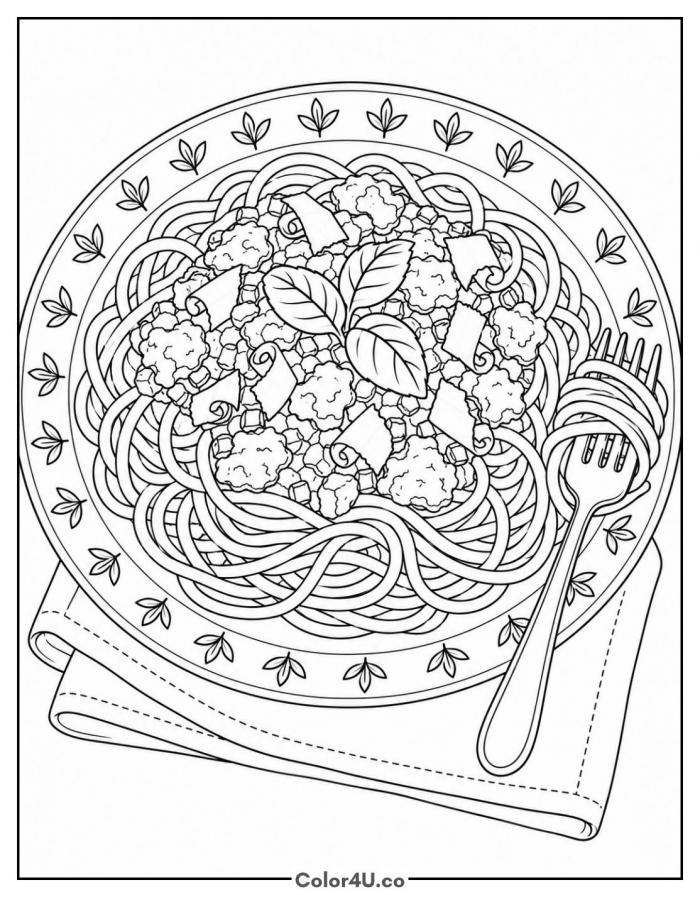 Spaghetti bolognese plate with basil and fork, detailed pasta coloring page, free printable