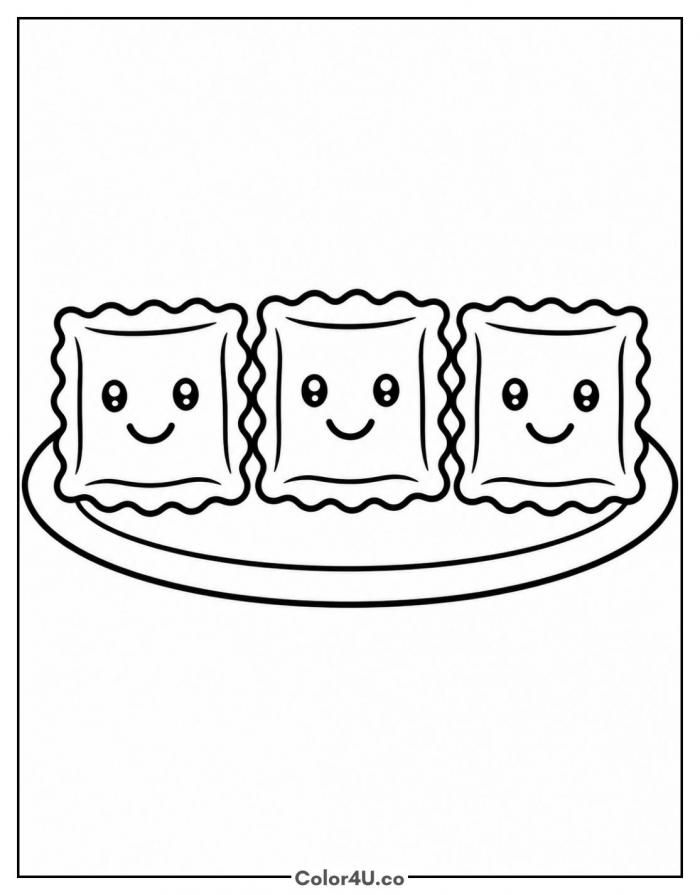 Three smiling ravioli on a plate, easy pasta coloring page, free printable