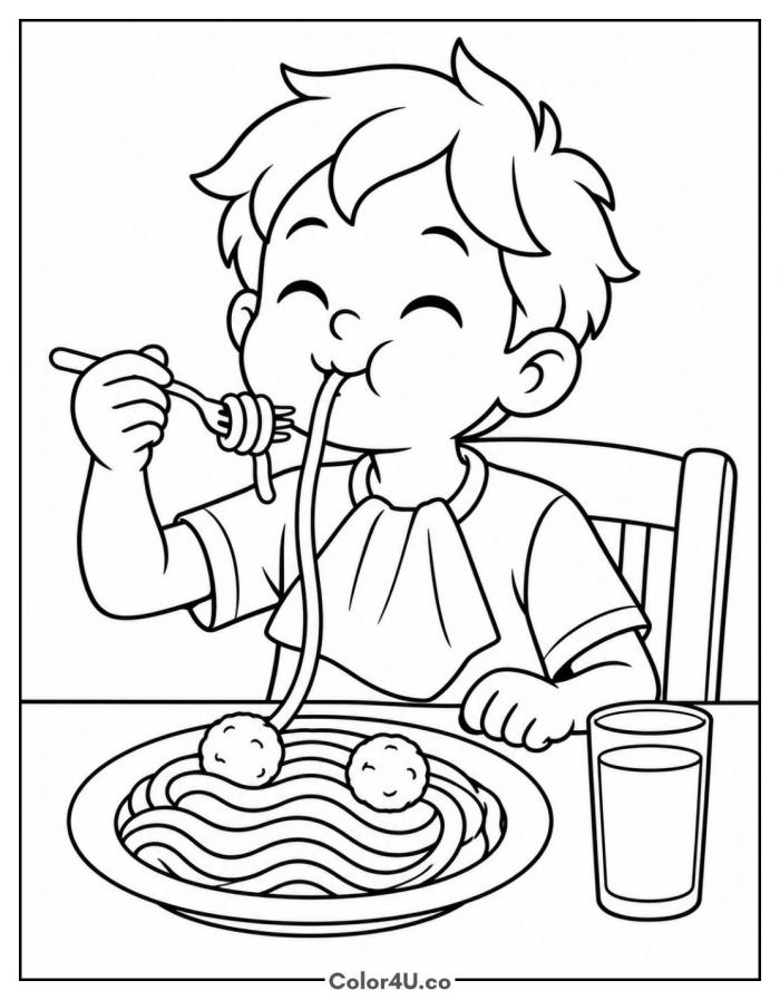 Kid slurping a spaghetti noodle at the table, medium pasta coloring page, free printable