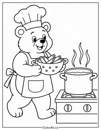 Bear Chef Cooking Pasta coloring page