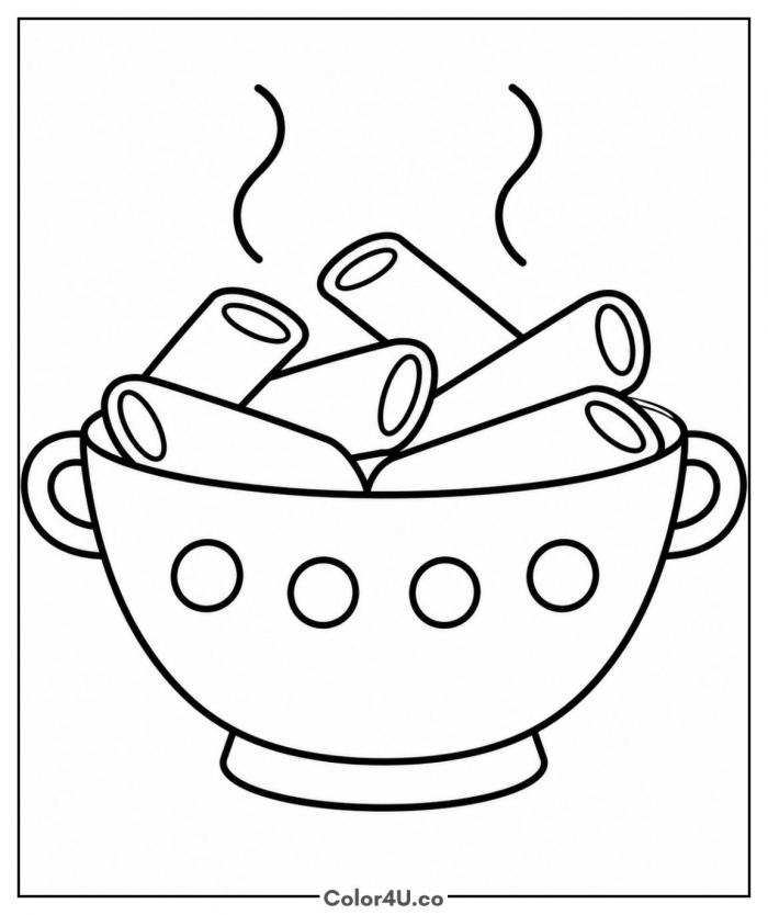 Pasta tubes draining in a colander with steam, easy pasta coloring page, free printable