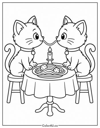 Two Kittens Sharing One Noodle coloring page