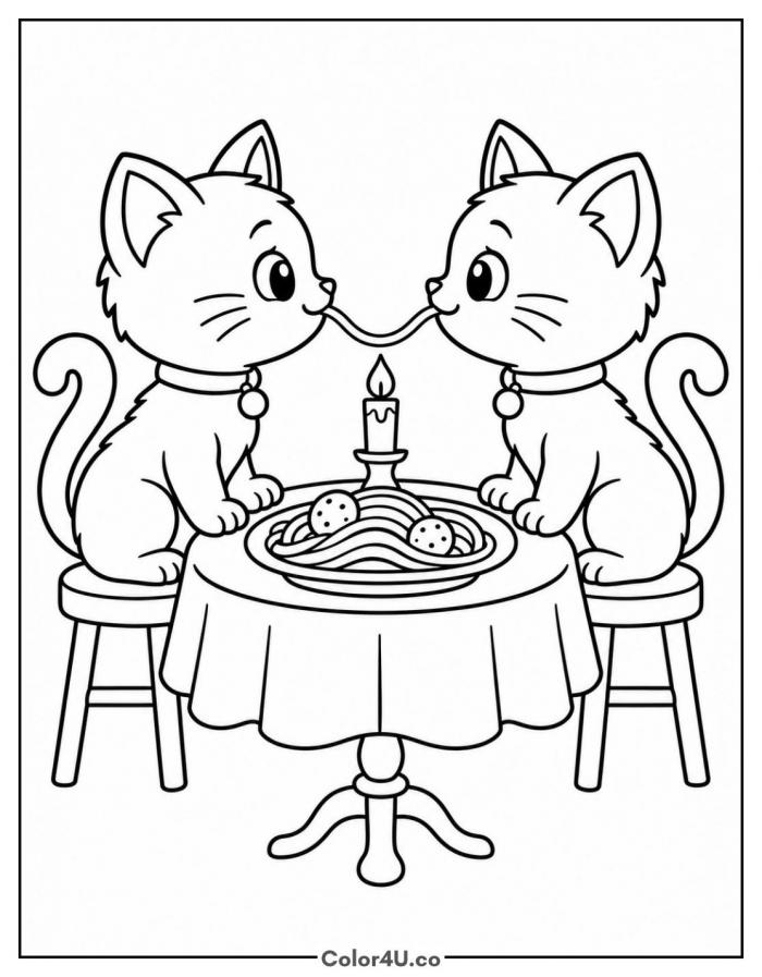Two kittens sharing a spaghetti noodle at a candlelit table, medium pasta coloring page, free printable
