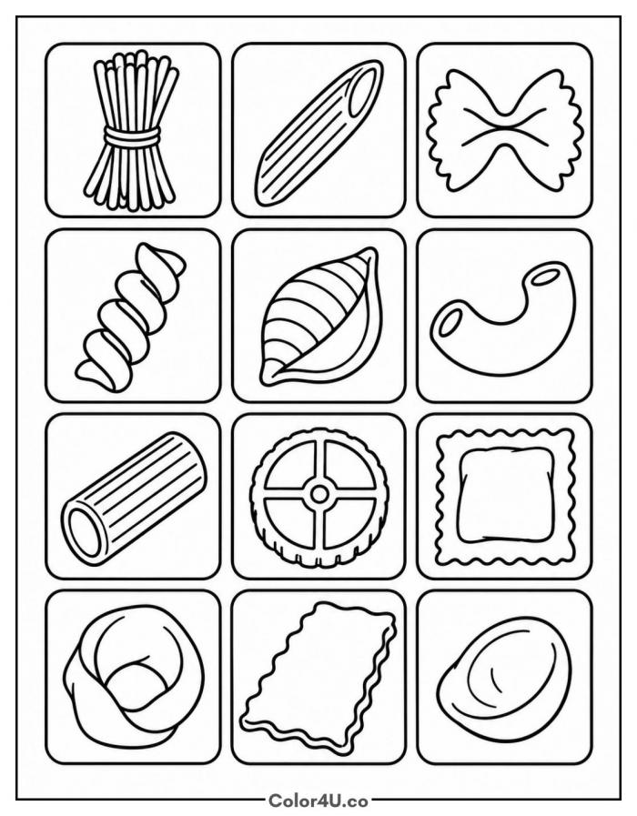 Twelve pasta shapes in a grid of tiles, medium pasta coloring page, free printable