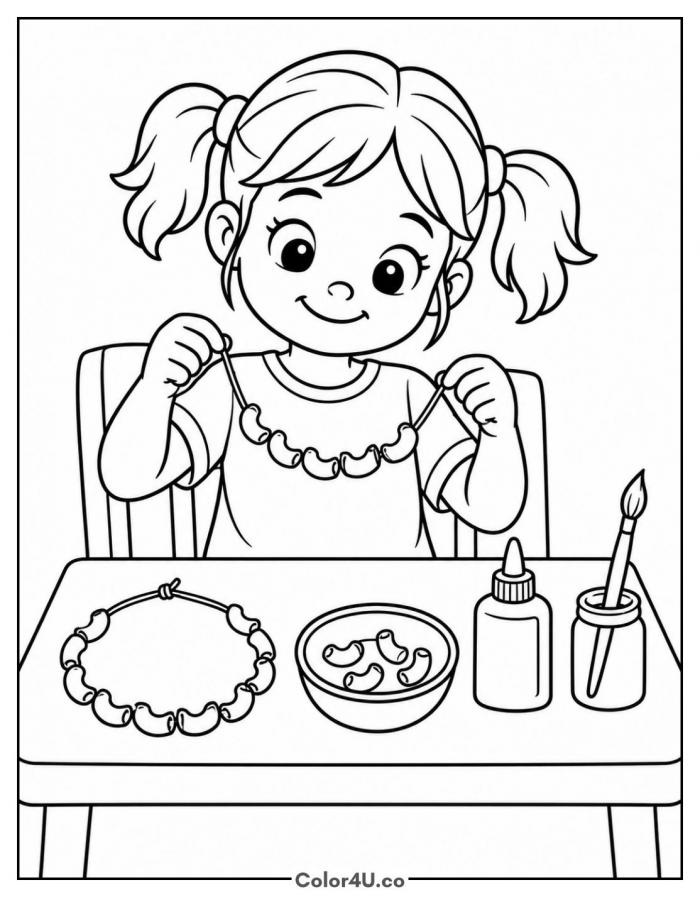 Kid making a macaroni necklace at a craft table, medium pasta coloring page, free printable
