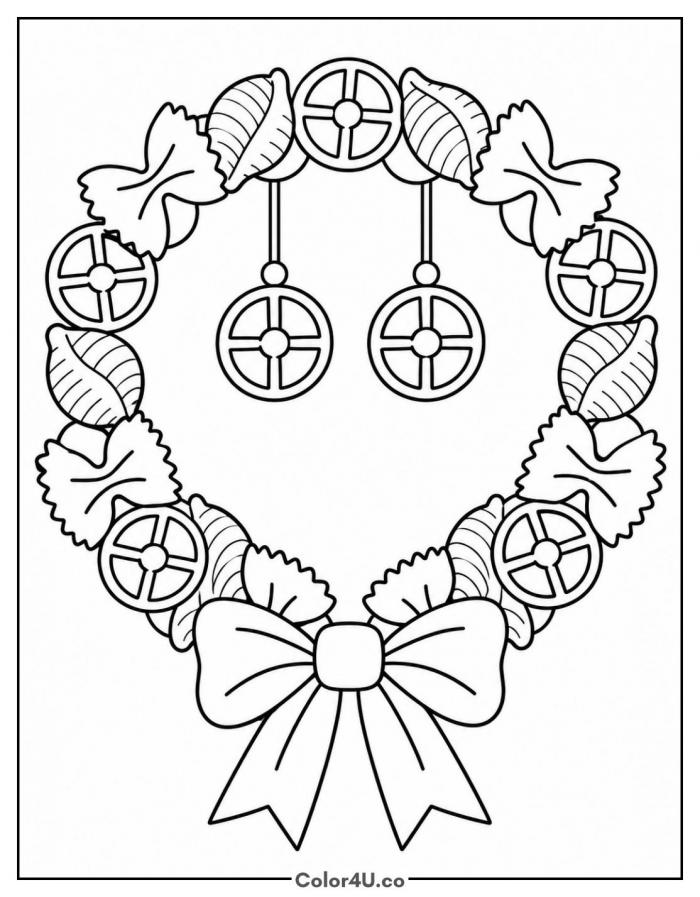 Christmas wreath made of pasta shapes with a bow, medium pasta coloring page, free printable