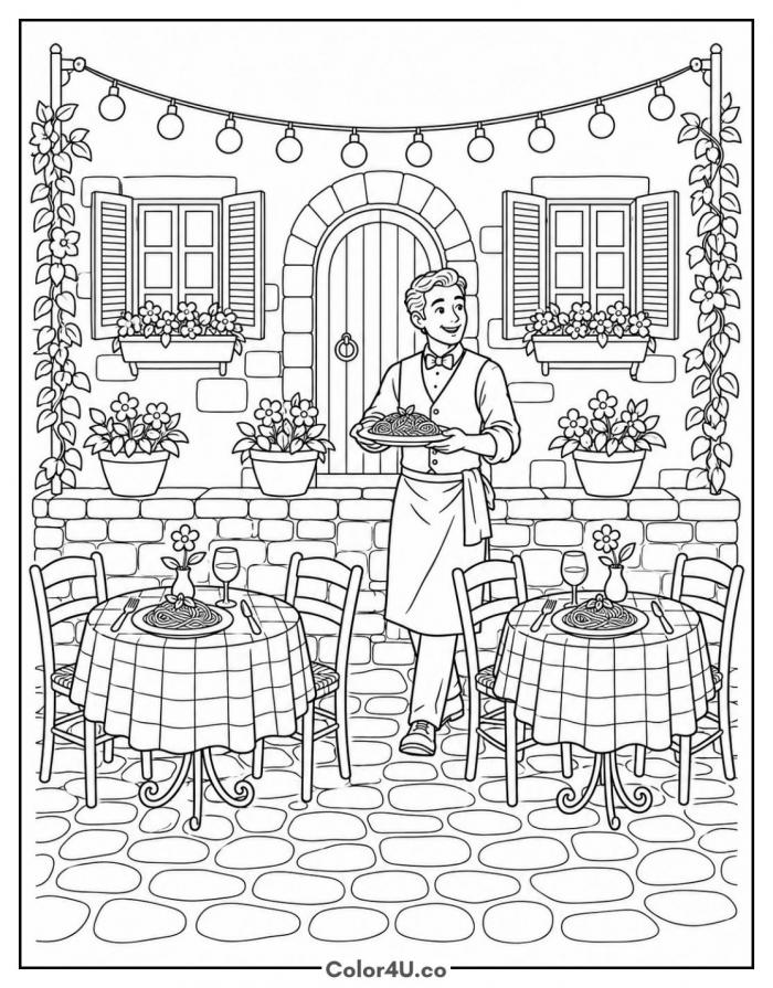 Waiter serving spaghetti at an outdoor Italian trattoria, detailed pasta coloring page, free printable